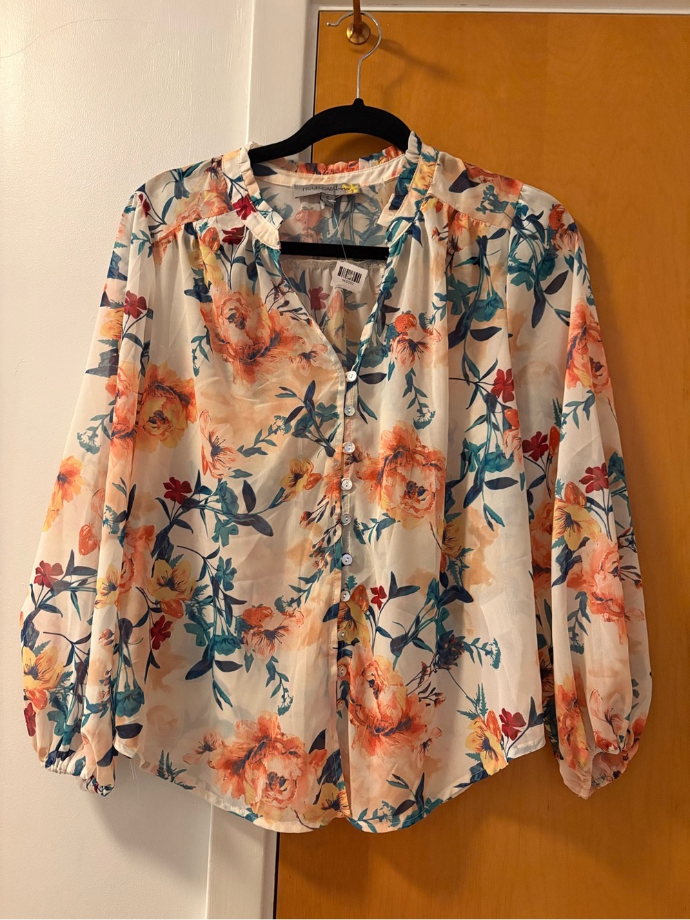 Women's Floral Button-Front Blouse - Cream with Coral & Teal Floral